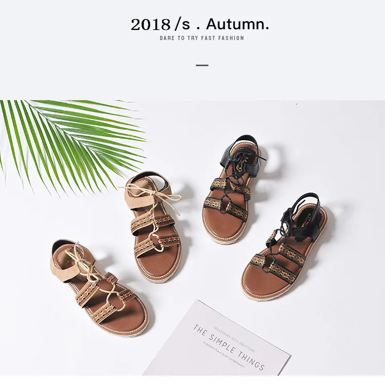 BOOPDO DESIGN ETHNIC PATTERN CROSS STRAP SANDALS