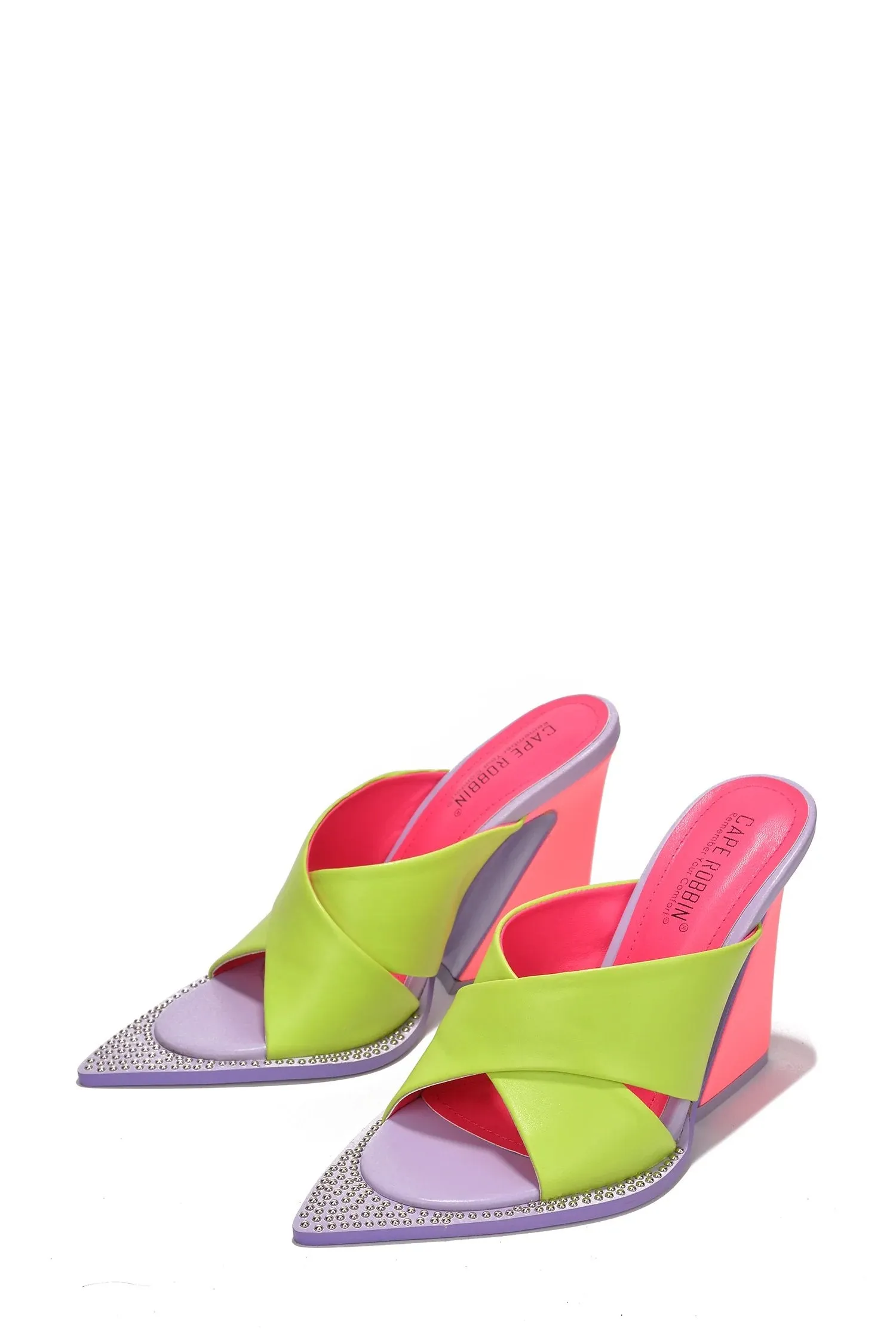 Cape Robbin Alami Multi Open Pointed Toe Block Heel Strappy Slip On Pumps