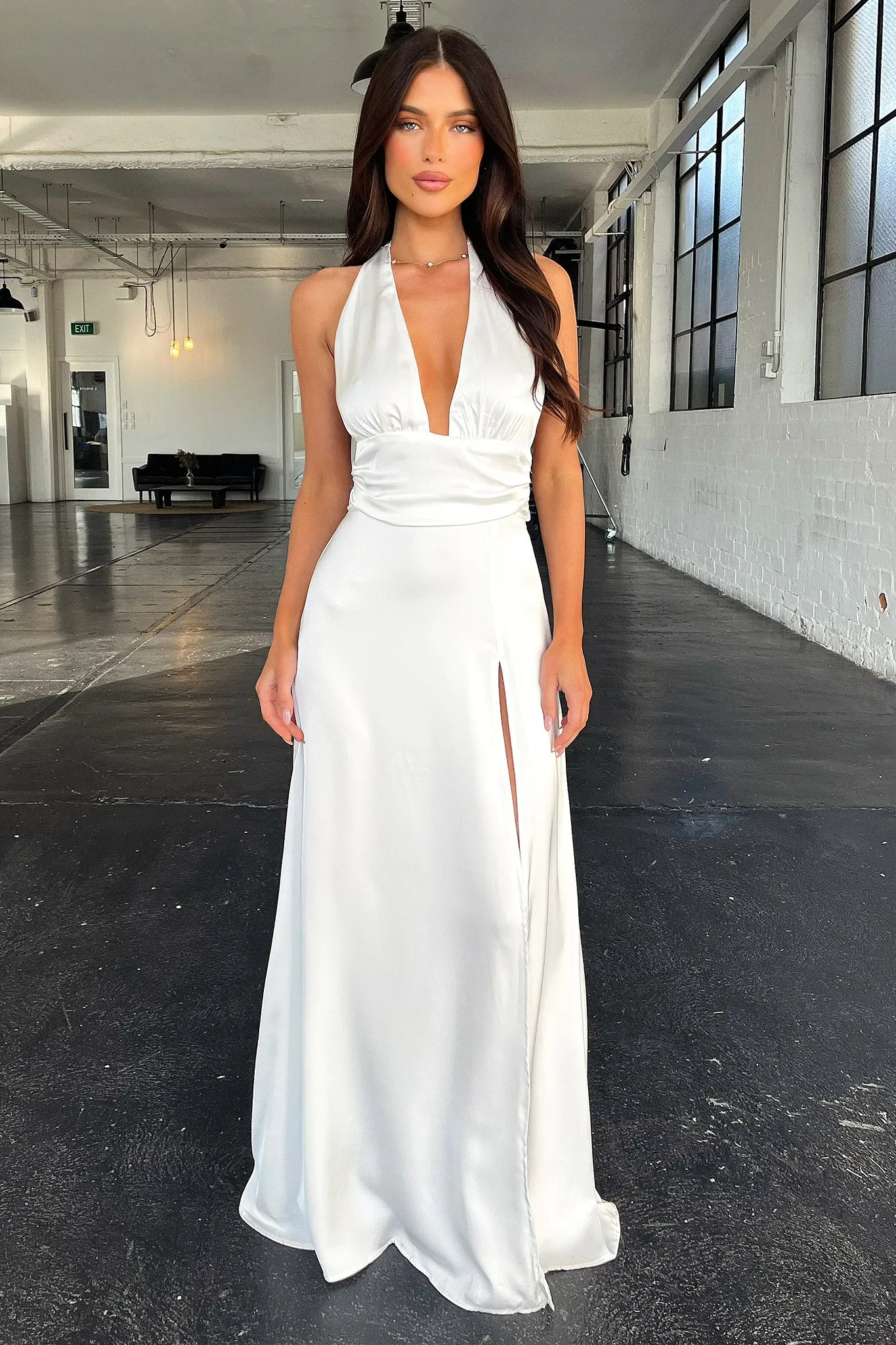 Neriah Satin Halter Maxi Dress - White