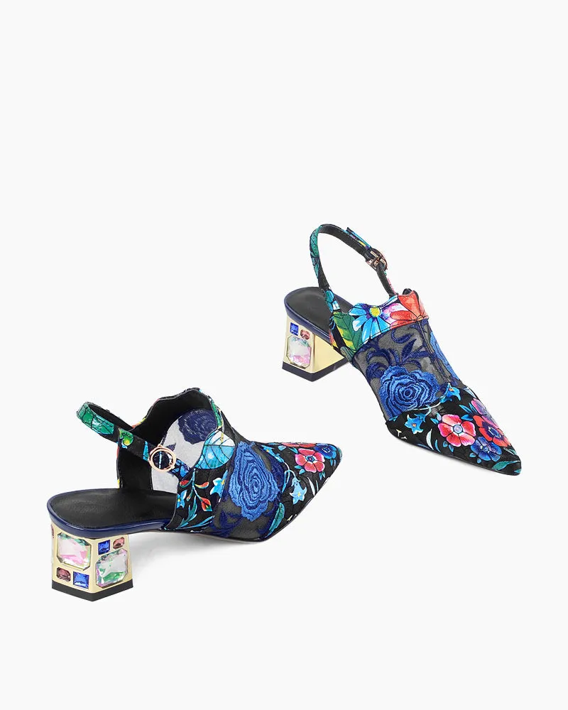 Retro Floral Embroidery Block Heel Mules