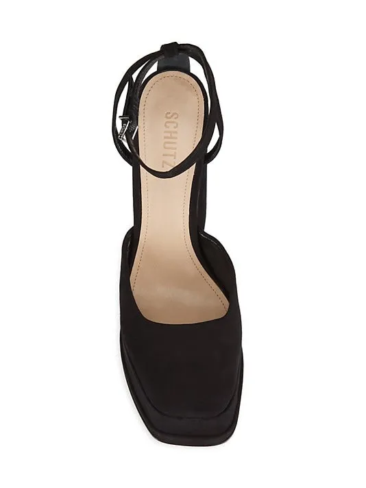 Schutz Luan New Black Ankle Strap Square Toe Chunky Platform Block Heel Pumps
