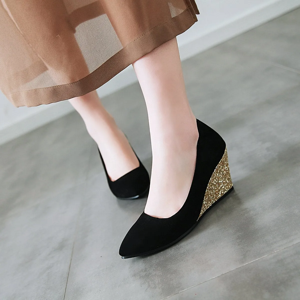 Sequin wedge pointed closed toe chunky heels